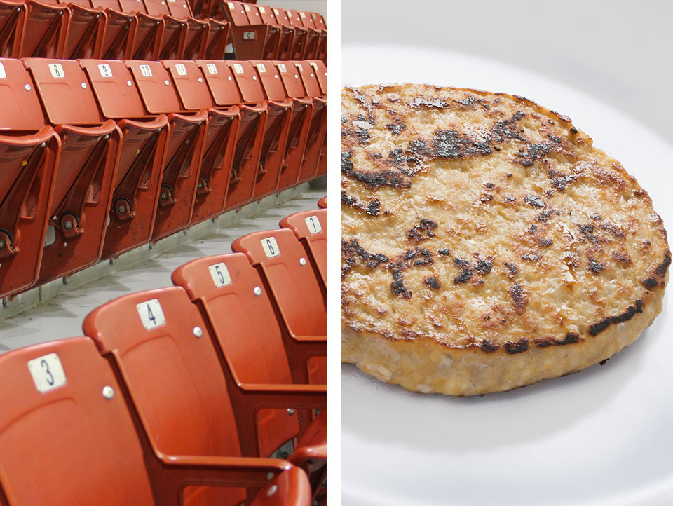 Stadium seating and a grilled chicken burger patty
