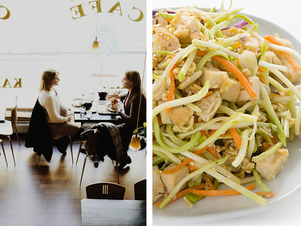 Diners in a cafe and a plate of chicken stir fry