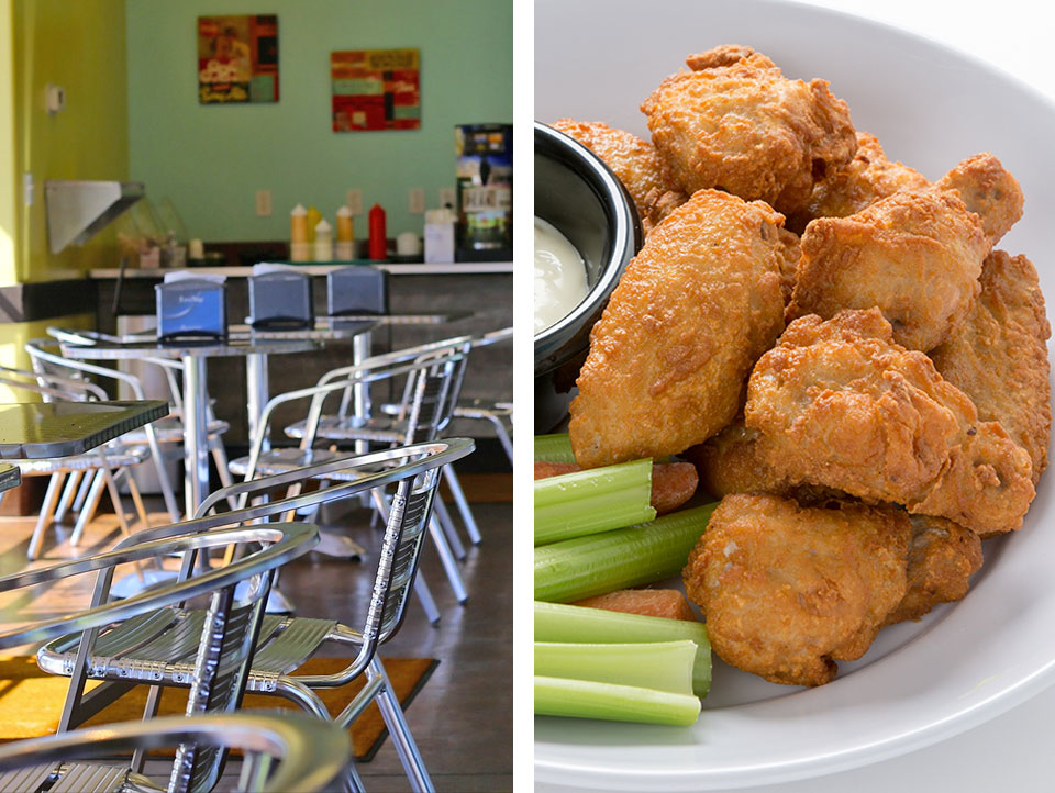 Restaurant dining room and a platter of breaded bone-in wings with celery