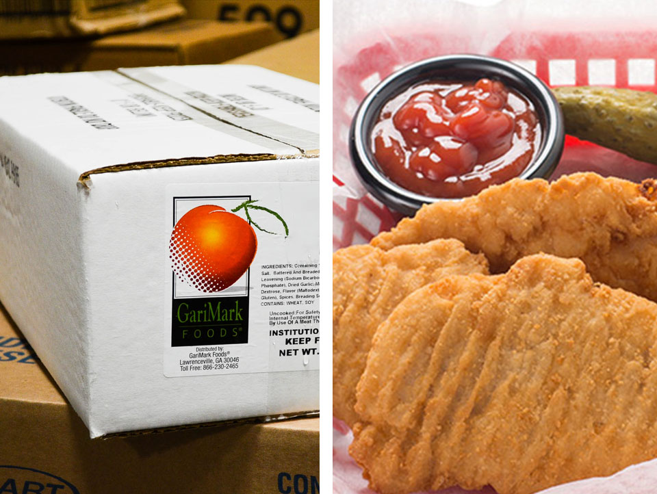 GariMark Foods chicken breast tenderloin fritters with a case of product